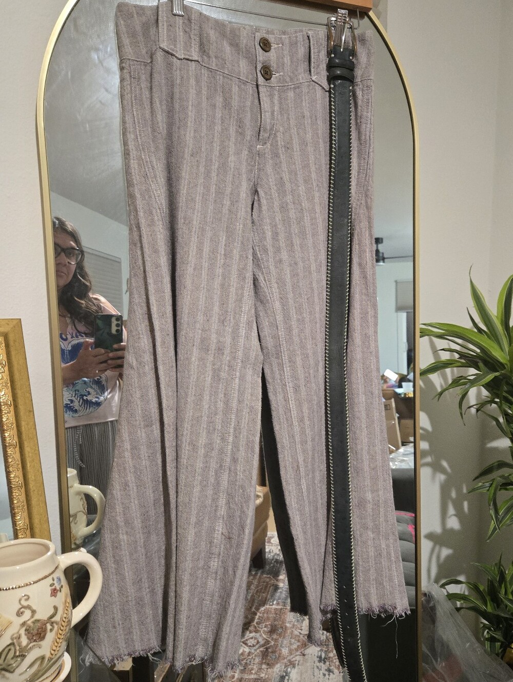 Free People Striped Wide-Leg Pants in Light Gray and Taupe
